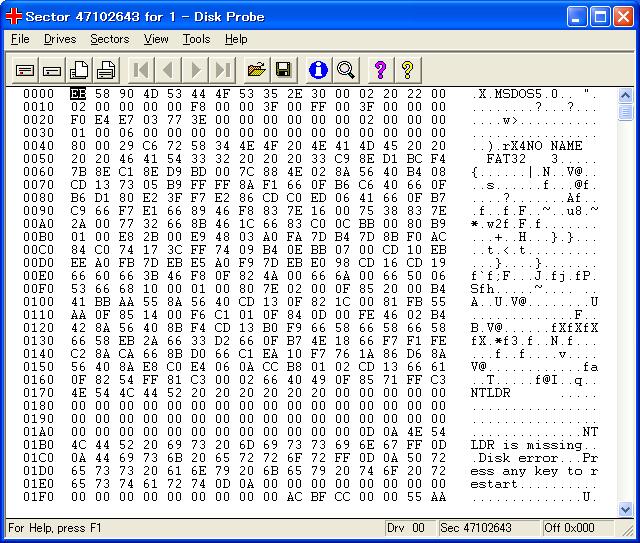 WinNT/2000/XP/2003によるFAT32パーティションブートセクタ − クリックして拡大