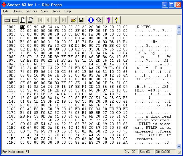WinNT/2000/XP/2003によるNTFSパーティションブートセクタ − クリックして拡大